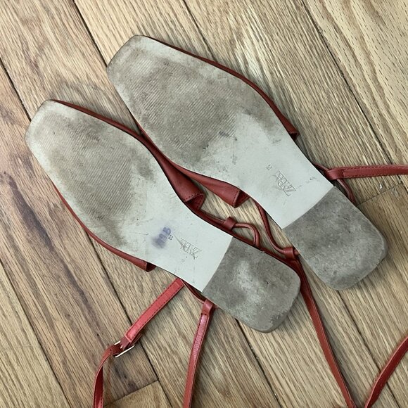 Zara Leather Flats Womens EU 38 US 7.5 Rust Orange Square Toe Strap Ballet - Picture 6 of 9
